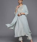 Embroidered Mirror Work Notch Neck Panelled Kurta & Trousers With Dupatta