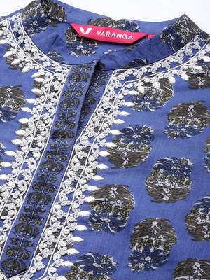 Women Floral Printed Mirror Work Pure Cotton Kurta With Trousers & With Dupatta 3