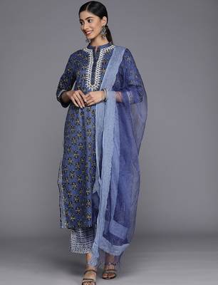 Women Floral Printed Mirror Work Pure Cotton Kurta With Trousers & With Dupatta 1