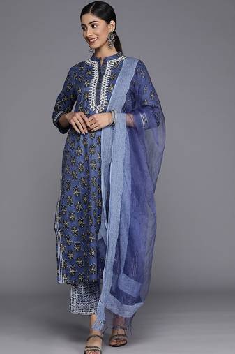 Women Floral Printed Mirror Work Pure Cotton Kurta With Trousers & With Dupatta