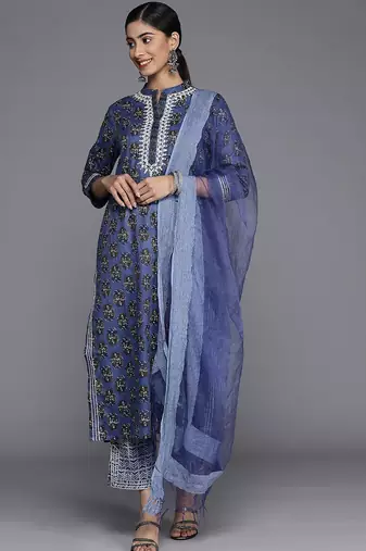 Women Floral Printed Mirror Work Pure Cotton Kurta With Trousers & With Dupatta