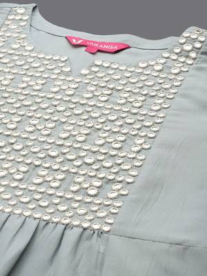 Embroidered Mirror Work Notch Neck Panelled Kurta & Trousers With Dupatta 2