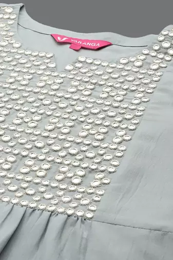 Embroidered Mirror Work Notch Neck Panelled Kurta & Trousers With Dupatta