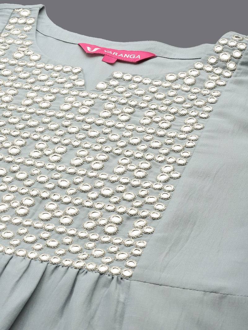 Embroidered Mirror Work Notch Neck Panelled Kurta & Trousers With Dupatta