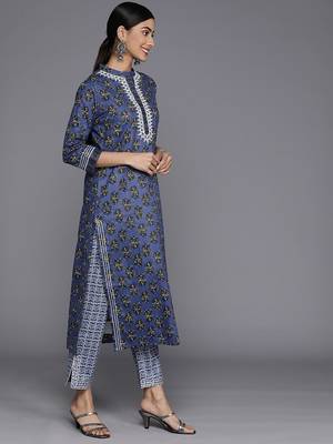 Women Floral Printed Mirror Work Pure Cotton Kurta With Trousers & With Dupatta 5