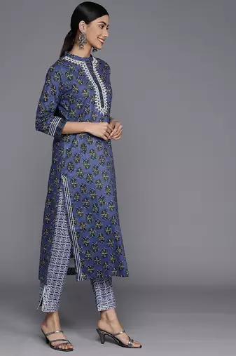 Women Floral Printed Mirror Work Pure Cotton Kurta With Trousers & With Dupatta