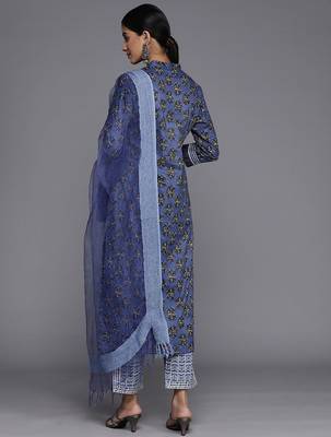 Women Floral Printed Mirror Work Pure Cotton Kurta With Trousers & With Dupatta 6