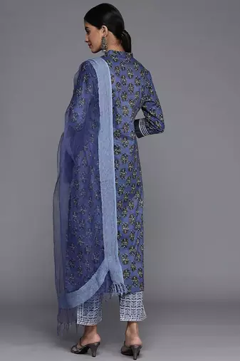 Women Floral Printed Mirror Work Pure Cotton Kurta With Trousers & With Dupatta