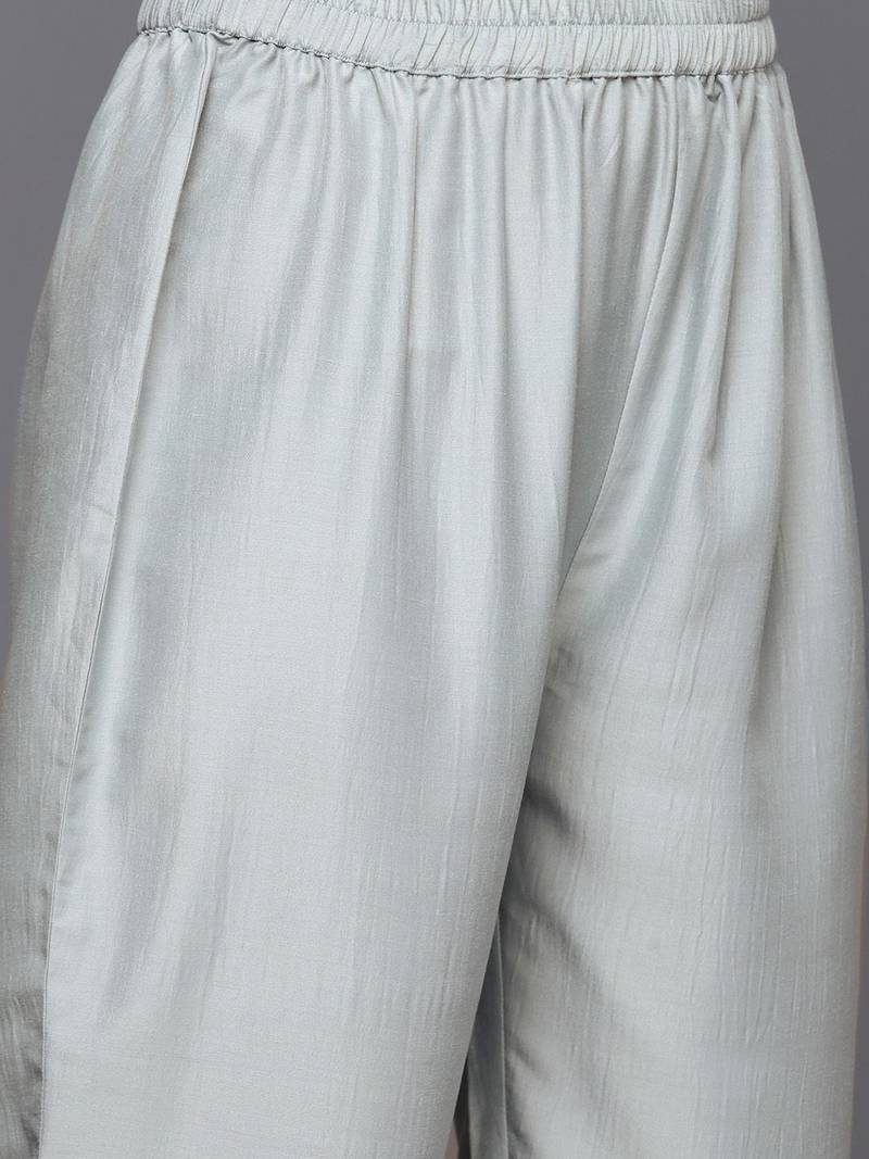 Embroidered Mirror Work Notch Neck Panelled Kurta & Trousers With Dupatta