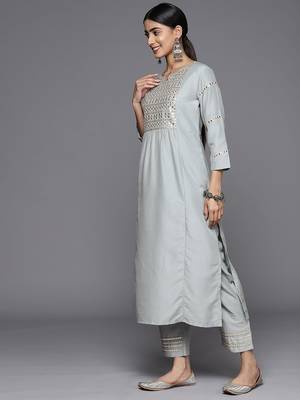 Embroidered Mirror Work Notch Neck Panelled Kurta & Trousers With Dupatta 5