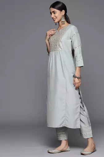 Embroidered Mirror Work Notch Neck Panelled Kurta & Trousers With Dupatta