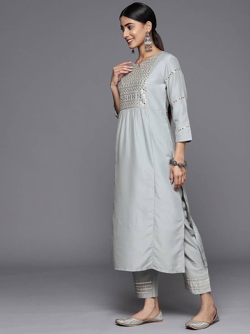 Embroidered Mirror Work Notch Neck Panelled Kurta & Trousers With Dupatta