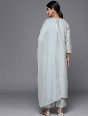 Embroidered Mirror Work Notch Neck Panelled Kurta & Trousers With Dupatta 6