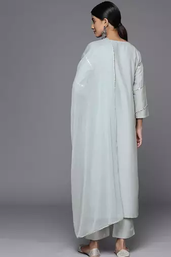 Embroidered Mirror Work Notch Neck Panelled Kurta & Trousers With Dupatta