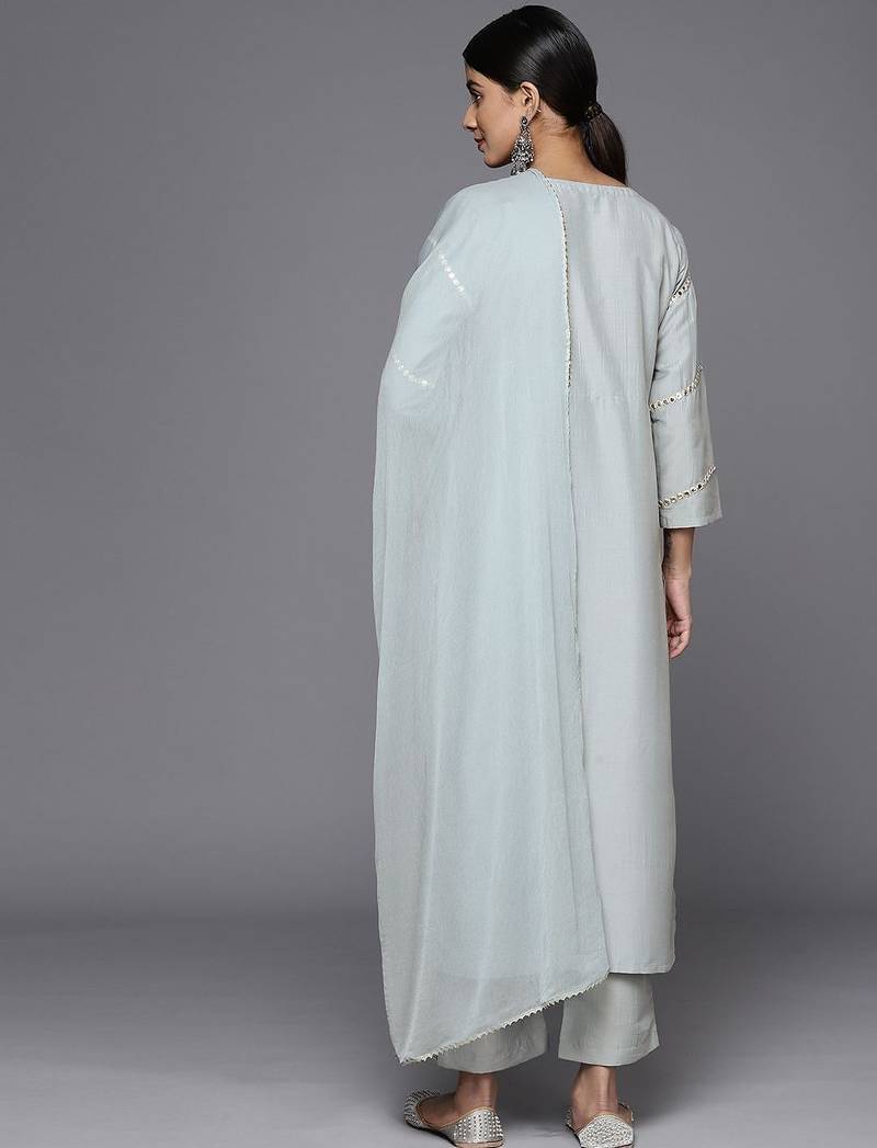 Embroidered Mirror Work Notch Neck Panelled Kurta & Trousers With Dupatta