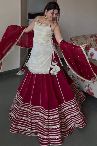 Women’s Maroon Flared Lehenga Set with Embroidered Top & Dupatta