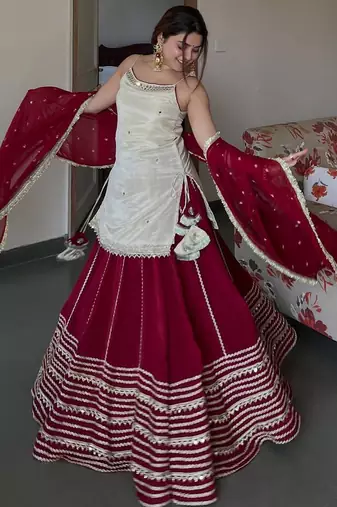 Women’s Maroon Flared Lehenga Set with Embroidered Top & Dupatta