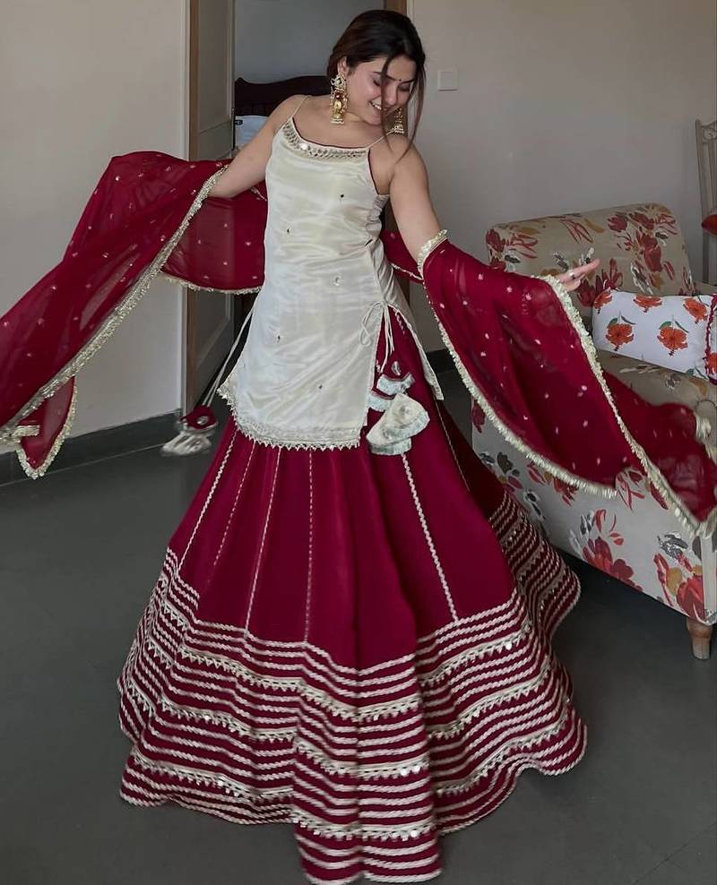 Women’s Maroon Flared Lehenga Set with Embroidered Top & Dupatta