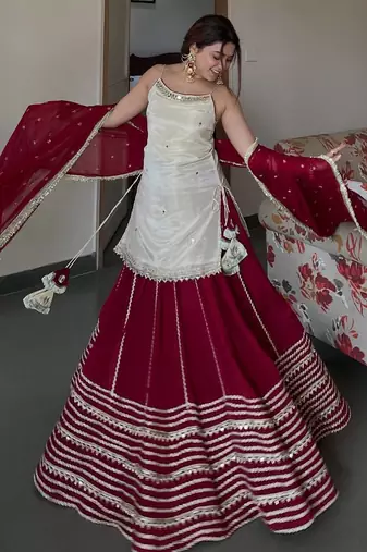 Women’s Maroon Flared Lehenga Set with Embroidered Top & Dupatta