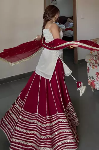 Women’s Maroon Flared Lehenga Set with Embroidered Top & Dupatta