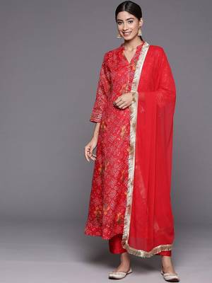 Bandhani Printed Mandarin Collar A-Line Kurta With Trousers & Dupatta 1