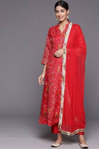 Bandhani Printed Mandarin Collar A-Line Kurta With Trousers & Dupatta