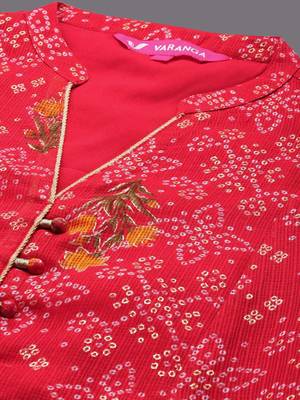 Bandhani Printed Mandarin Collar A-Line Kurta With Trousers & Dupatta 2