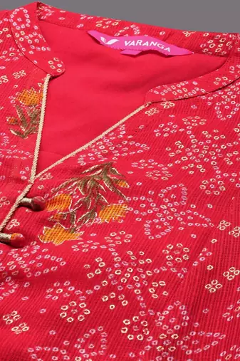 Bandhani Printed Mandarin Collar A-Line Kurta With Trousers & Dupatta
