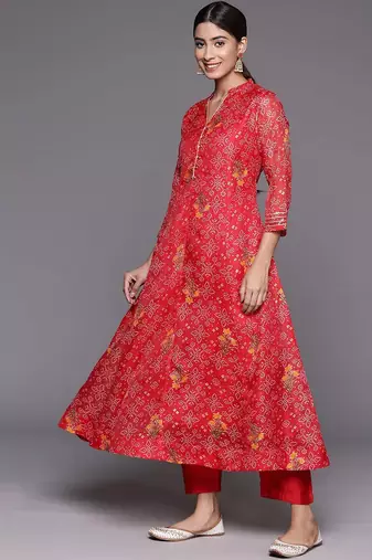 Bandhani Printed Mandarin Collar A-Line Kurta With Trousers & Dupatta