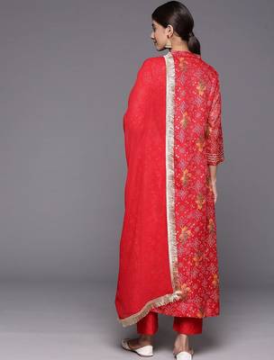 Bandhani Printed Mandarin Collar A-Line Kurta With Trousers & Dupatta 6