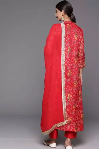 Bandhani Printed Mandarin Collar A-Line Kurta With Trousers & Dupatta