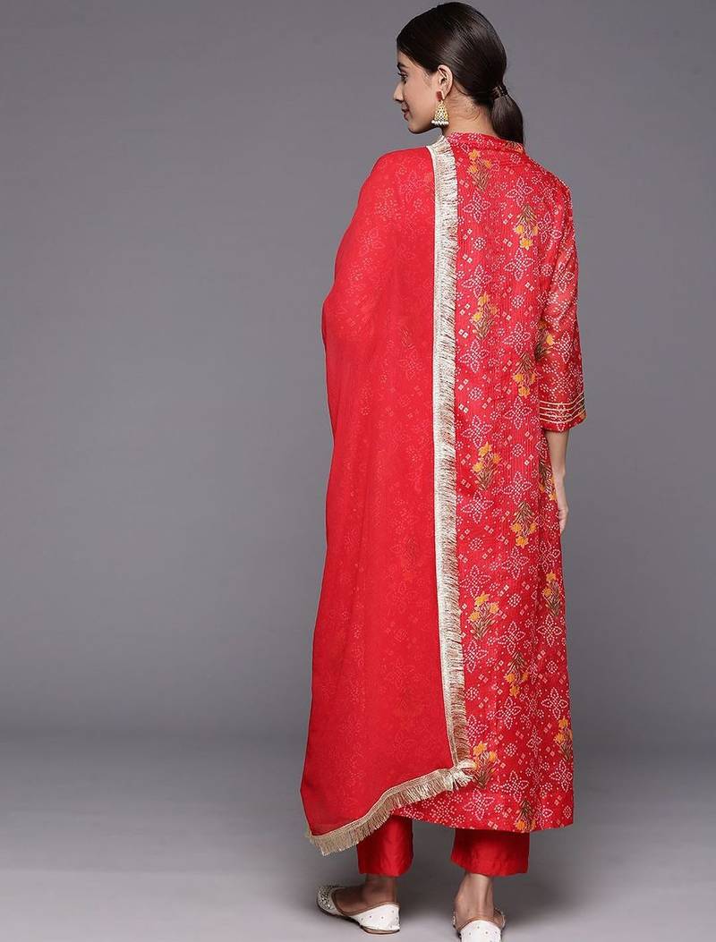 Bandhani Printed Mandarin Collar A-Line Kurta With Trousers & Dupatta