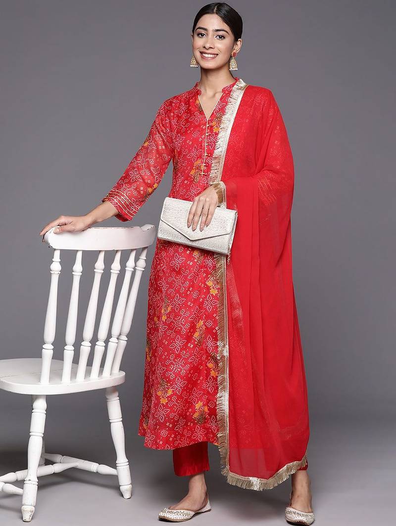 Bandhani Printed Mandarin Collar A-Line Kurta With Trousers & Dupatta