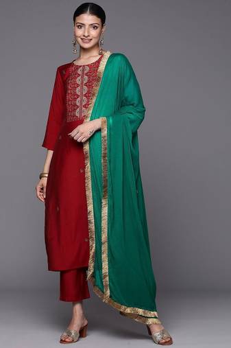 Ethnic Motifs Yoke Design Thread Work Straight Kurta with Palazzo & Dupatta