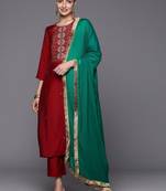 Ethnic Motifs Yoke Design Thread Work Straight Kurta with Palazzo & Dupatta