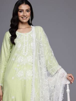 Floral Embroidered Chikankari Kurta With Trousers & Dupatta 2