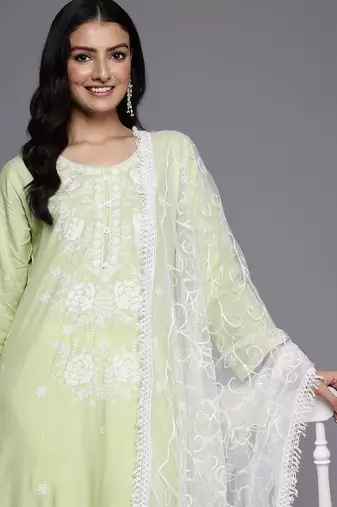 Floral Embroidered Chikankari Kurta With Trousers & Dupatta