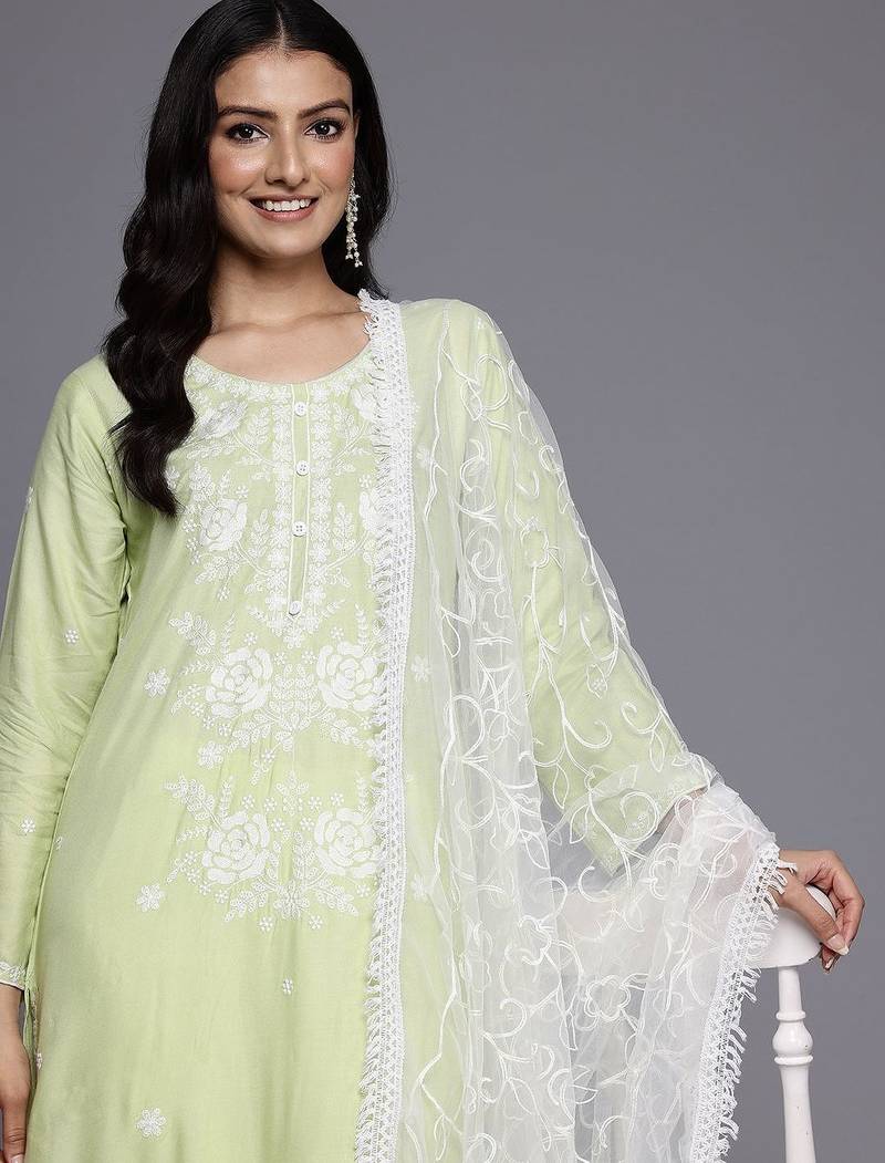 Floral Embroidered Chikankari Kurta With Trousers & Dupatta