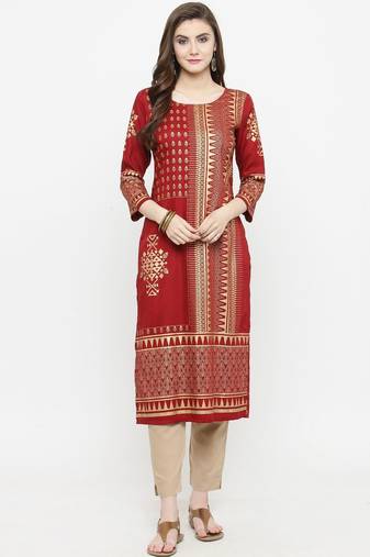 Women Maroon Printed Kurta with Trousers