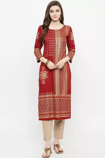Women Maroon Printed Kurta with Trousers