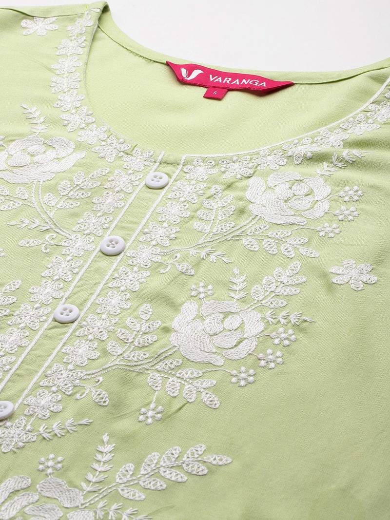 Floral Embroidered Chikankari Kurta With Trousers & Dupatta