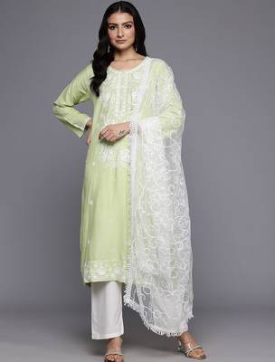 Floral Embroidered Chikankari Kurta With Trousers & Dupatta 1