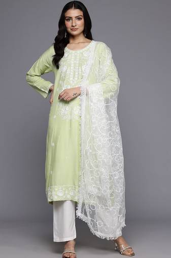 Floral Embroidered Chikankari Kurta With Trousers & Dupatta