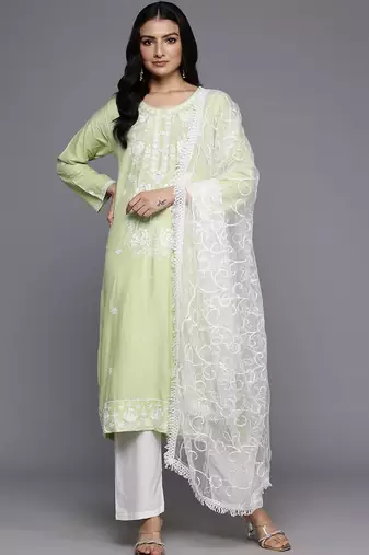 Floral Embroidered Chikankari Kurta With Trousers & Dupatta
