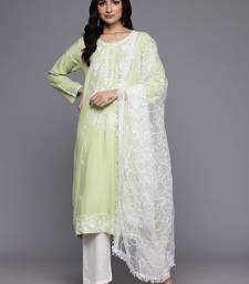 Floral Embroidered Chikankari Kurta With Trousers & Dupatta
