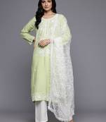 Floral Embroidered Chikankari Kurta With Trousers & Dupatta