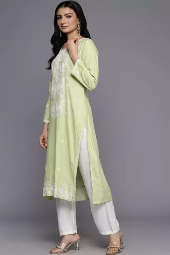 Floral Embroidered Chikankari Kurta With Trousers & Dupatta