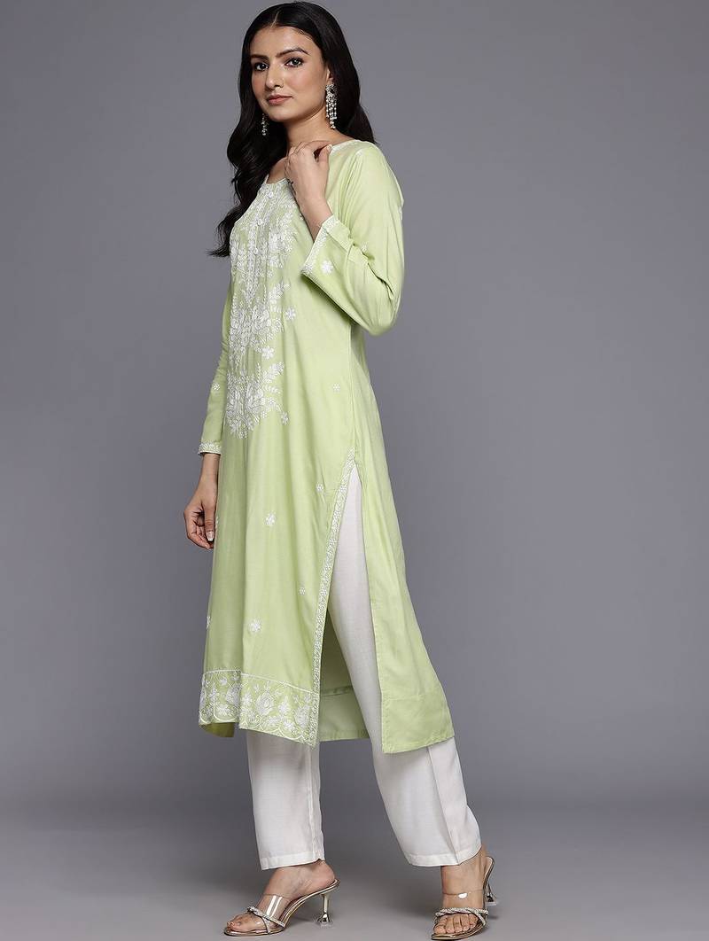 Floral Embroidered Chikankari Kurta With Trousers & Dupatta