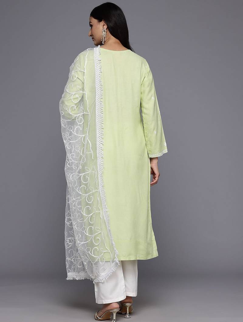 Floral Embroidered Chikankari Kurta With Trousers & Dupatta