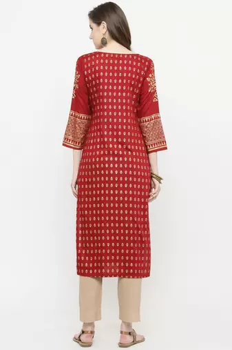 Women Maroon Printed Kurta with Trousers